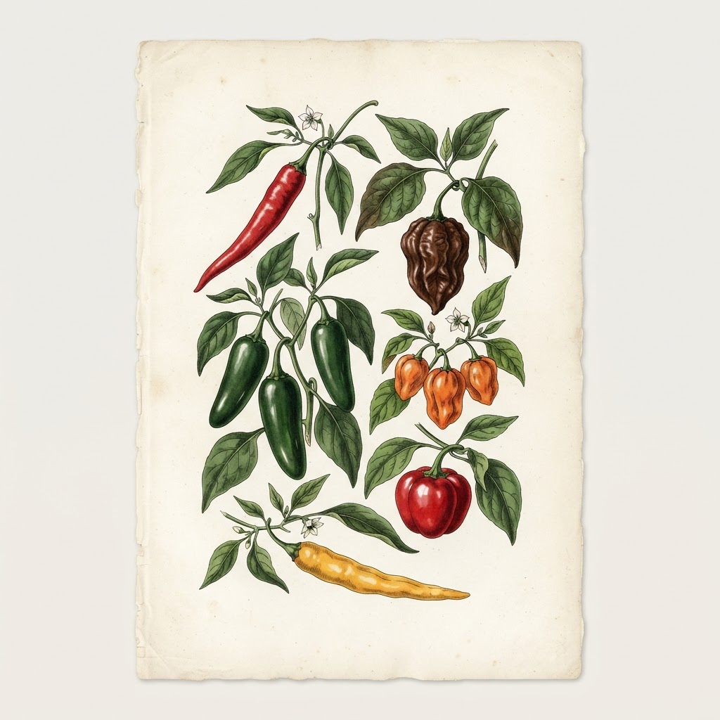 Botanical study of colorful pepper varieties with leaves and flowers